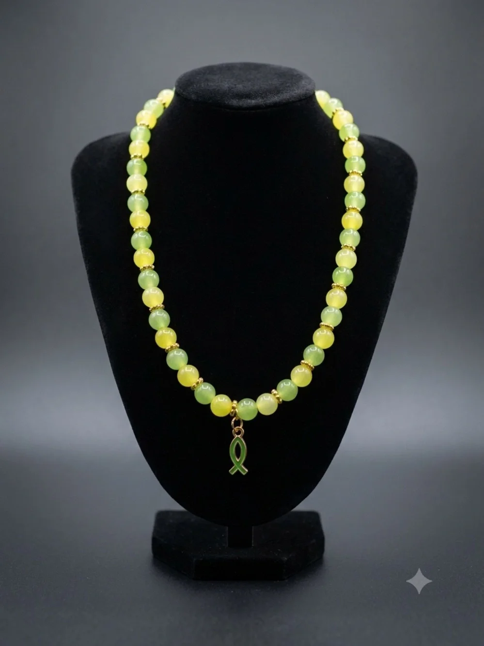Green & Yellow Beaded Necklace with Ribbon Charm
